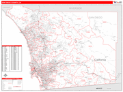 San Diego County Wall Map Red Line Style